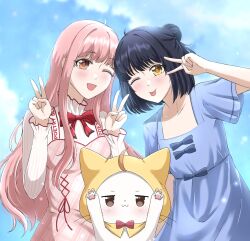  2girls :3 ;p animal black_shirt bloom_poetry_(shining_nikki) blue_bow blue_dress blue_sky bow bow_button bowtie brown_pupils cat cloak closed_mouth clothed_animal clothes_writing clouds collarbone collared_shirt commentary cowboy_shot cross-laced_clothes cross-laced_dress dot_nose double_v dress dress_ribbon ear_covers english_commentary frilled_shirt_collar frilled_sleeves frills hair_bun happy high_collar highres hood hood_up hooded_cloak light_blush light_particles long_hair long_sleeves momo_(nikki) multiple_girls nikki_(nikki) nikki_(series) nonoberry22 one_eye_closed pawpads pink_dress pink_hair plaid_clothes plaid_dress pleated_sleeves red_bow red_bowtie red_ribbon ribbon shining_nikki shirt short_hair short_sleeves single_hair_bun sky square_neckline stylist_(nikki) tongue tongue_out traditional_bowtie v very_long_hair wavy_hair white_cat white_shirt yellow_cloak yellow_eyes yellow_pupils 