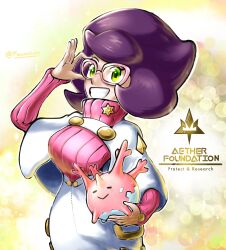  1girl adjusting_eyewear big_hair breasts buttons capelet commentary coral corsola english_commentary glasses green_eyes hand_up high-waist_skirt highres holding holding_pokemon large_breasts long_sleeves mature_female medium_skirt pencil_skirt pink-framed_eyewear pink_sweater pokemon pokemon_(creature) pokemon_sm pownchao purple_hair ribbed_sweater short_hair skirt smile solo_focus sweater teeth turtleneck turtleneck_sweater white_capelet white_skirt wicke_(pokemon) 