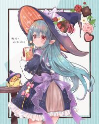 1girl aqua_hair baby_animal back_bow bird black_bow blush blush_stickers bow box box_of_chocolates bubble_skirt chick chocolate commentary_request cowboy_shot dress dress_bow floating_hair flower food from_behind hacosumi hair_bow happy_valentine hat hat_bow hat_flower hat_ornament heart heart_hat_ornament highres holding holding_chocolate holding_food large_hat layered_sleeves long_hair long_sleeves looking_ahead looking_at_viewer looking_back looking_to_the_side original petticoat pink_bow pointy_ears print_dress purple_bow purple_dress purple_sailor_collar red_eyes sailor_collar sidelocks skirt solo space_print starry_sky_print strawberry_hat_ornament striped_background table valentine vertical-striped_background very_long_hair white_flower witch witch_hat