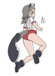  acesrulez alternate_costume american_beaver_(kemono_friends) animal_ears bare_legs beaver_ears beaver_tail black_footwear blush boots brown_eyes brown_hair buruma extra_ears grey_hair gym_shirt gym_uniform kemono_friends looking_at_viewer looking_back multicolored_hair red_buruma shirt short_hair short_sleeves sidelocks t-shirt tail white_shirt 