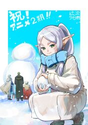  1girl 3boys beard black_dress blue_hair blue_scarf blue_sky cape closed_mouth coat commentary_request dress earrings eisen_(sousou_no_frieren) elf facial_hair fake_horns frieren green_eyes green_hair heiter helmet highres himmel_(sousou_no_frieren) holding holding_snowball horned_helmet horns jewelry long_beard long_hair multiple_boys pointy_ears priest red_cape scarf short_hair sky smile snow snowball snowing sousou_no_frieren teardrop_earrings twintails white_cape white_coat white_hair yuhiro_tsujitsugu 