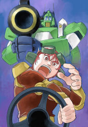  1980s_(style) 1boy aiming blue_visor bodysuit brown_eyes brown_hair cannon commentary_request faux_retro_artstyle goggles goggles_on_head jiron_amos pilot power_suit radio_antenna retro_artstyle saitani_umetarou sentou_mecha_xabungle shouting steering_wheel walker_gallia window 