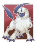  absol animal_feet animal_focus border claws closed_mouth commentary_request dot_nose forehead_jewel highres horns no_humans pokemon pokemon_(creature) red_background red_eyes single_horn tail towa_(clonea) white_border white_fur 