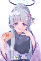  1girl blue_archive blush chinese_zodiac commentary_request ema floral_print floral_print_kimono flower fur-trimmed_kimono fur_trim grey_hair hair_flower hair_ornament halo headgear highres japanese_clothes kimono long_hair looking_at_viewer lusye mechanical_halo noa_(blue_archive) open_mouth print_kimono purple_kimono smile solo upper_body very_long_hair violet_eyes white_halo year_of_the_snake 