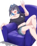  1girl absurdres alternate_costume armchair belt blue_eyes blue_hair blue_nails chair collarbone denim denim_shorts hair_intakes highres hololive hololive_english looking_at_viewer midriff mmneko off_shoulder ouro_kronii short_hair shorts sitting solo virtual_youtuber waving white_background 