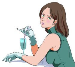  1girl aeug breasts brown_hair cup drinking_glass drinking_straw emma_sheen gloves green_eyes gundam highres holding holding_drinking_straw looking_at_viewer military_uniform open_mouth pgmajimaji short_hair simple_background solo upper_body white_background zeta_gundam 