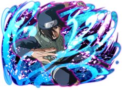  1boy bandana black_pants black_shirt blue_bandana brown_hair flak_jacket forehead_protector green_jacket hair_over_one_eye holding holding_kunai holding_weapon jacket kamizuki_izumo konohagakure_shinobi_uniform kunai looking_at_viewer lower_teeth_only male_focus naruto_(series) naruto_shippuuden naruto_shippuuden:_ultimate_ninja_blazing official_art open-toe_boots open_mouth pants shirt short_hair sleeveless sleeveless_jacket solo teeth weapon 