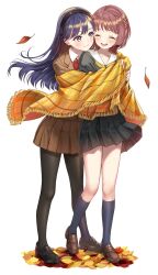  2girls :3 :d ^_^ black_hairband black_pantyhose black_shoes black_skirt blazer blue_hair blue_socks bow bowtie braid brown_hair brown_jacket brown_shoes brown_skirt closed_eyes clothes_lift collared_shirt commentary_request falling_leaves floating_hair full_body hairband highres hug hug_from_behind jacket kneehighs leaf loafers long_hair matsuzaki_miyuki mole mole_under_eye multiple_girls neckerchief open_mouth original pantyhose pleated_skirt red_bow red_bowtie sailor_collar school_uniform serafuku shared_clothes shawl shirt shoes short_hair skirt skirt_lift smile socks standing teeth violet_eyes white_sailor_collar wind wind_lift yellow_neckerchief yuri 