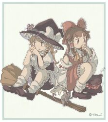 2girls animal_on_head apron ascot blonde_hair border bow braid broom brown_eyes brown_hair cat chigu commentary_request detached_sleeves frilled_bow frilled_hair_tubes frills green_border hair_bow hair_tubes hakurei_reimu hat hat_bow highres interlocked_fingers kirisame_marisa long_hair mouse_(animal) multiple_girls on_head own_hands_together red_bow red_skirt ribbon-trimmed_sleeves ribbon_trim side_braid single_braid skirt skirt_set touhou twitter_username waist_apron white_bow witch_hat yellow_ascot yellow_eyes zzz 