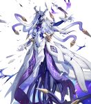  1girl broken damaged dress english_commentary fire_emblem fire_emblem_heroes ginnungagap_(fire_emblem) gloves highres horns hou_(ppo) mask mechanical_horns multicolored_hair non-web_source official_art one-eyed purple_hair solo tentacle_hair torn_cloth transparent_background two-tone_hair white_dress white_gloves white_hair white_mask 