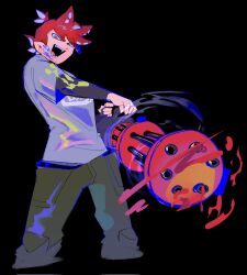  1boy alternate_costume alternate_hair_color alternate_species alternate_universe animification bandage_on_cheek black_background borrowed_design commentary corrupted_twitter_file dynamic_pose eddsworld english_commentary fangs flipped_hair green_eyes green_pants grey_shirt gun hair_ears highres holding holding_gun holding_weapon layered_sleeves long_sleeves looking_at_viewer machine_gun male_focus octoling open_mouth pants parody ponytail red_hair shirt short_hair short_over_long_sleeves short_ponytail short_sleeves solo splatoon_(series) tord_(eddsworld) weapon zharkco 