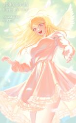  1girl absurdres akamatsu_kaede angel bare_shoulders blonde_hair breasts character_name commentary_request danganronpa_(series) danganronpa_v3:_killing_harmony dress feathered_wings hair_ornament happy_birthday highres kkkssshu large_breasts long_hair long_sleeves musical_note musical_note_hair_ornament solo white_dress wings 