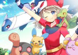  1girl ;) arm_up blue_eyes blue_sky blurry blurry_background blush brown_hair closed_mouth clouds collared_shirt commentary_request commission day depth_of_field dress_shirt gloves hand_up highres kou_hiyoyo latios may_(pokemon) minun on_shoulder one_eye_closed outdoors outstretched_arm pixiv_commission pokemon pokemon_(creature) pokemon_rse red_shirt shirt short_sleeves sky smile taillow treecko whismur white_gloves 