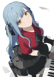  1girl absurdres ascot bang_dream! bang_dream!_it's_mygo!!!!! black_ascot black_gloves black_skirt blue_eyes commentary_request dress gloves highres instrument long_hair looking_at_viewer merlin_(mer71n) neckerchief oblivionis_(bang_dream!) paper piano simple_background sitting skirt solo togawa_sakiko twintails white_background yellow_eyes 