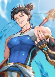  1boy bare_shoulders belt black_hair blue_belt blue_tank_top bodysuit brown_eyes clothes_around_waist collarbone covered_abs covered_pectorals earrings elbow_gloves fingerless_gloves from_below gloves hair_bun highres holding holding_behind_back holding_polearm holding_weapon holding_weapon_behind_back hydrokinesis jade_(gemstone) jewelry looking_at_viewer lynx_art muscular muscular_male necklace overwatch pectorals pelvic_curtain pendant polearm rectangular_earrings sidepec single_earring sleeveless sleeveless_bodysuit smirk sword_fingers tank_top taut_clothes tight_clothes topknot upper_body water weapon wuyang_(overwatch) yaopei 