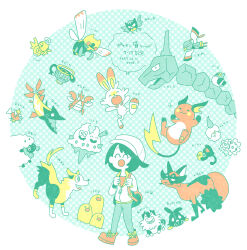  1girl ^_^ absurdres alolan_meowth backpack bag barraskewda black_hair blue_pants boltund closed_eyes commentary_request coq_kanata corphish dugtrio eyelashes gloria_(pokemon) hat highres holding_strap jacket klang litwick magikarp ninjask onix open_mouth pants partially_unzipped pidove pokemon pokemon_(creature) pokemon_swsh raichu red_shirt red_shoes rookidee scorbunny shedinja shirt shoes short_hair sinistea smile speech_bubble standing thievul translation_request trubbish vanilluxe white_hat white_jacket wooloo xatu yamask 