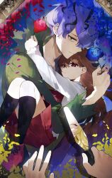  1boy 2girls absurdres black_socks blonde_hair blue_flower blue_petals blue_rose brown_hair closed_eyes commentary_request female_pov fingernails flower garry_(ib) highres holding holding_knife ib_(ib) ib_(kouri) kneehighs knife kouta_(pixiv14981568) long_hair long_sleeves looking_at_viewer mary_(ib) multiple_girls palette_knife petals pov purple_hair red_eyes red_flower red_petals red_rose red_shoes red_skirt reflection rose shirt shoes skirt socks sweatdrop white_shirt yellow_petals 