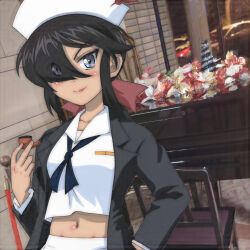  1girl black_hair black_jacket blue_neckerchief blush breasts car chair christmas collarbone commentary_request dark_skin eyes_visible_through_hair feathers flower girls_und_panzer grey_eyes hair_over_one_eye hair_ribbon hand_on_own_hip hat hat_feather hat_ornament highres holding holding_smoking_pipe instrument jacket long_hair long_sleeves looking_at_viewer low_ponytail medium_breasts midriff motor_vehicle navel neckerchief night ogin_(girls_und_panzer) ooarai_naval_school_uniform open_clothes open_jacket photo_background piano ponytail red_feathers red_ribbon ribbon sailor_hat school_uniform shirt skirt smile smoking_pipe standing t_jiroo_(ringofriend) white_hat white_shirt white_skirt window 