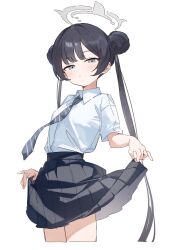  1girl black_hair black_skirt blue_archive blue_necktie braid braided_bun breasts clothes_lift collared_shirt commentary cropped_hair cropped_legs double_bun floating_neckwear grey_eyes grey_halo hair_bun halo highres kisaki_(blue_archive) kisaki_(school_uniform)_(blue_archive) long_hair necktie pleated_skirt rakugaki_ningen revision school_uniform shirt shirt_tucked_in simple_background skirt skirt_lift small_breasts solo striped_clothes striped_necktie twintails white_background white_shirt 