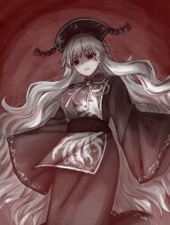  1girl angry breasts chinese_clothes closed_mouth commentary_request dalachi_(headdress) dress expressionless hat highres junko_(touhou) large_breasts long_hair long_sleeves looking_at_viewer mochigumo monochrome neck_ribbon phoenix_print ribbon solo tabard touhou very_long_hair wide_sleeves 