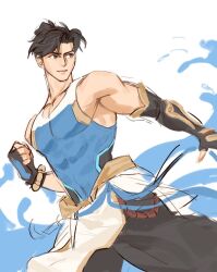  1boy asymmetrical_gloves bare_shoulders belt black_hair black_pants blue_belt blue_tank_top bodysuit bracelet brown_eyes clothes_around_waist collarbone covered_abs covered_navel covered_pectorals dynamic_pose earrings elbow_gloves fighting_stance fingerless_gloves gloves hair_bun hydrokinesis jewelry looking_to_the_side overwatch pants pectorals pelvic_curtain rectangular_earrings sidepec simple_background single_earring single_elbow_glove sketch sleeveless sleeveless_bodysuit tank_top tight_clothes titanium886 toned toned_male topknot uneven_gloves unfinished water white_background wuyang_(overwatch) 