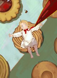  1boy absurdres aged_down ahoge america_(hetalia) artist_name axis_powers_hetalia barefoot blonde_hair blue_eyes blush bow bowtie child chinese_commentary closed_mouth commentary_request cookie crossdressing crossdressing_(mtf) dress food frills full_body hands_up highres indoors jam long_sleeves looking_at_viewer looking_up lying male_focus on_back pastry_bag puffy_long_sleeves puffy_sleeves red_bow red_bowtie shadow short_hair smile solo spread_legs table toenails white_dress zhongerweiyuan |_| 
