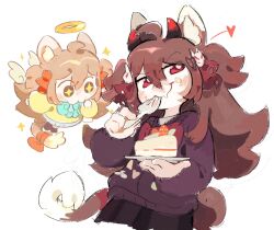  +_+ 2girls :3 ahchive_be ahoge angel angel_wings animal_ear_fluff animal_ears aqua_bow aqua_bowtie averting_eyes black_cardigan black_skirt black_socks blue_skirt blush bow bowtie brown_hair cake cake_slice cardigan cat_ears cat_girl cat_tail chibi demon_horns double-parted_bangs evil_neuro-sama flipped_hair food food_on_face fork hair_between_eyes hair_ornament hair_ribbon halo heart highres holding holding_fork holding_plate horns jaggy_lines long_hair long_sleeves looking_at_food mini_wings multiple_girls neuro-sama nose_blush plate pleated_skirt raised_eyebrow red_bow red_bowtie red_eyes red_ribbon ribbon simple_background skirt skull_hair_ornament socks sparkle strawberry_shortcake tail tail_bow tail_ornament torn_hair_ribbon traditional_halo two_side_up utensil_in_mouth vedal_ai virtual_youtuber white_background wide-eyed wings yellow_cardigan 
