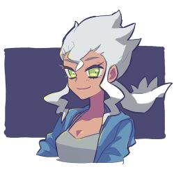  1girl blue_jacket closed_mouth commentary_request dark-skinned_female dark_skin eyelashes green_eyes grey_tank_top jacket mayuzumi open_clothes open_jacket pokemon pokemon_sm professor_burnet sidelocks smile solo tan tank_top white_hair 
