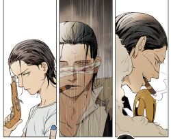  1boy black_hair chamsut0905 cigar commentary_request crocodile_(one_piece) earrings gun hair_slicked_back highres holding holding_gun holding_weapon hook_hand jewelry korean_commentary male_focus multiple_views one_piece rain short_hair stitched_face stitches weapon 