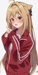  1girl absurdres ahoge blonde_hair blush commentary fang furrowed_brow gym_uniform hair_between_eyes hair_intakes hair_ribbon highres hikikomari_kyuuketsuki_no_monmon jacket long_hair long_sleeves looking_at_viewer nemu_(jdgz3357) open_mouth red_eyes red_jacket ribbon shirt solo terakomari_gandezblood track_jacket upper_body white_background white_shirt 