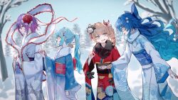  4girls absurdres arrow_(projectile) bare_tree black_flower black_sash blonde_hair blue_bow blue_eyes blue_hair blue_kimono blue_sash bow closed_mouth commentary_request drill_hair egasumi floral_print floral_print_kimono flower fur-trimmed_kimono fur_trim hagoromo hair_bow hair_flower hair_ornament hamaya highres hinanawi_tenshi holding holding_arrow japanese_clothes jewelry kaminose kimono long_hair long_sleeves multiple_girls multiple_rings nagae_iku new_year obi open_mouth outdoors ponytail print_kimono purple_hair red_flower red_kimono red_sash ring sash seigaiha shawl snow touhou tree very_long_hair wavy_eyes white_flower white_kimono wide_sleeves winter yellow_eyes yorigami_jo'on yorigami_shion 