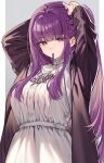  1girl adjusting_hair arms_up black_coat blunt_bangs breasts coat collar dress fern_(sousou_no_frieren) frilled_collar frills hair_tie hair_tie_in_mouth hand_in_own_hair hands_in_hair holding holding_hair large_breasts long_hair long_sleeves mouth_hold purple_hair purple_pupils shuri_(84k) sidelocks solo sousou_no_frieren straight_hair tying_hair violet_eyes white_dress 