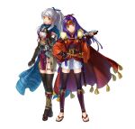  2girls arm_guards black_gloves black_thighhighs fingerless_gloves fire_emblem fire_emblem:_radiant_dawn fire_emblem_heroes gloves hair_ribbon hand_on_own_chest headband holding holding_scroll japanese_clothes long_hair looking_at_viewer micaiah_(fire_emblem) micaiah_(ninja)_(fire_emblem) multiple_girls ninja official_alternate_costume official_alternate_hairstyle official_art ponytail ribbon sanaki_kirsch_altina sanaki_kirsch_altina_(ninja) scarf scroll smile thigh-highs violet_eyes white_background white_hair yellow_eyes 