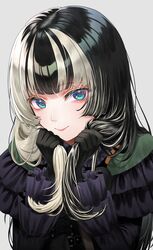  1girl absurdres black_gloves black_hair blue_eyes blunt_bangs dress frilled_dress frilled_sleeves frills gloves grey_background grey_hair highres holding holding_hair hololive hololive_dev_is juufuutei_raden landl looking_at_viewer multicolored_hair smile solo streaked_hair two-tone_hair upper_body virtual_youtuber white_hair 