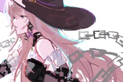  1girl bare_shoulders black_choker black_dress black_hat black_sleeves breasts brown_hair chain choker commentary detached_sleeves dress floating_hair frills from_side hair_between_eyes hair_ornament hairclip half-closed_eyes hat herta_(honkai:_star_rail) highres honkai:_star_rail honkai_(series) linlanxue0712 long_hair long_sleeves looking_to_the_side purple_hat sidelocks simple_background sleeveless sleeveless_dress small_breasts solo teeth the_herta_(honkai:_star_rail) two-sided_fabric two-sided_headwear upper_body very_long_hair violet_eyes white_background witch_hat x_hair_ornament 