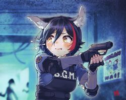  1girl @_@ animal_ear_fluff animal_ears black_hair blush body_armor clenched_teeth commentary_request crossover crying crying_with_eyes_open dark elbow_pads facing_viewer fingerless_gloves gloves graffiti gun highres holding holding_gun holding_weapon hololive horror_(theme) indoors kineko9218 miofa_(ookami_mio) multicolored_hair ookami_mio police police_uniform policewoman resident_evil scared stamp_mark streaked_hair tactical_clothes tears teeth upper_body virtual_youtuber wavy_mouth weapon wolf_ears wolf_girl yellow_eyes zombie 
