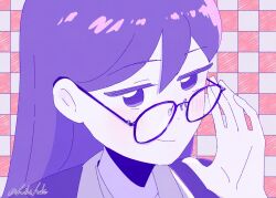  1girl artist_name bespectacled blush closed_mouth collared_shirt colored_skin glasses hibi_hako highres long_hair looking_at_viewer mari_(headspace)_(omori) mari_(omori) omori purple-framed_eyewear purple_hair purple_sweater_vest shirt smile solo sweater_vest twitter_username upper_body violet_eyes white_skin 