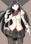  1girl akemi_homura asagao_21 black_hair black_hairband black_pantyhose black_skirt bow bowtie hairband highres layered_sleeves long_hair long_sleeves looking_at_viewer mahou_shoujo_madoka_magica mitakihara_school_uniform pantyhose pleated_skirt red_bow red_bowtie school_uniform skirt smile solo standing very_long_hair violet_eyes 