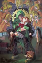  1boy ahoge aqua_bow aqua_bowtie asymmetrical_legwear bandaid bandaid_on_knee bandaid_on_leg binary black_cardigan black_pants black_socks blonde_hair blue_sailor_collar blue_skirt bow bowtie broken_heart broken_heart_hair_ornament brown_hair brown_shoes capelet cardigan censored censored_identity chair character_doll clone closed_eyes closed_mouth collarbone collared_shirt crossed_ankles doll evil_neuro-sama explosive fine_art_parody floating full_body fumo_(doll) glitch green_capelet green_hoodie grey_background grey_skirt hair_between_eyes hair_ornament hair_over_one_eye hair_ribbon head_back heart heart_hair_ornament highres hood hood_up hoodie hug loafers long_hair long_sleeves looking_at_another miniskirt neuro-sama off-shoulder_cardigan office_chair on_chair open_mouth pants parody pieta pixelated pleated_skirt red_bow red_bowtie red_eyes red_ribbon ribbon sailor_collar shirt shoes sitting sitting_on_lap sitting_on_person skirt skull_hair_ornament sleeping smile sneakers socks star_(symbol) swivel_chair tnt two_side_up uneven_legwear vedal_ai white_shirt white_shoes yellow_cardigan yngxx1895996 