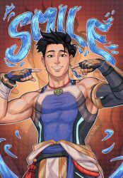  1boy araostar artist_name asymmetrical_gloves bandaged_arm bandages bare_shoulders belt black_hair black_pants blue_belt blue_tank_top bodysuit bracelet brown_eyes clothes_around_waist collarbone covered_abs covered_pectorals earrings elbow_gloves fingerless_gloves gloves hair_bun highres hydrokinesis jade_(gemstone) jewelry necklace overwatch pants pectorals pelvic_curtain pendant rectangular_earrings sidepec single_earring single_elbow_glove sleeveless sleeveless_bodysuit smile tank_top teeth tight_clothes toned toned_male topknot uneven_gloves upper_body water wuyang_(overwatch) yaopei zoom_layer 