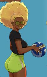  afro ass ball bandages bandaid blonde_hair breasts commentary daniela_(moitasart) dark_skin english_commentary glasses huge_ass lipstick makeup moitasart original sportswear tattoo volleyball_(object) volleyball_uniform 