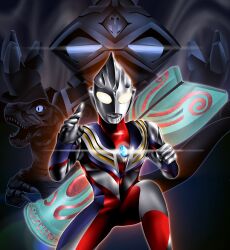  1boy alien black_background chest_guard claws clenched_hand color_timer colored_skin commentary compound_eyes crystal dark_background dinosaur dogouf dorsal_fin feet_out_of_frame fighting_stance forehead_jewel giant giant_male glint glowing glowing_eyes golem hands_up hanejidyna86 highres jomonoid kaiju looking_at_viewer male_focus monster multicolored_skin no_pupils on_one_knee open_mouth pectorals purple_skin red_skin sharp_teeth silver_skin slit_pupils solo_focus sparklence teeth tokusatsu toned toned_male twitter_username ultra_series ultraman_tiga ultraman_tiga_(multi_type) ultraman_tiga_(series) white_eyes wrinkled_skin 