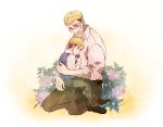  2boys affectionate beard blonde_hair blue_eyes book bush character_request erwin_smith facial_hair father_and_son flower glasses holding holding_book maerwin21 male_focus multiple_boys pants shingeki_no_kyojin short_hair sitting sitting_on_lap sitting_on_person thick_eyebrows 