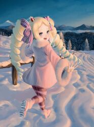  1girl beatrice_(re:zero) blonde_hair blue_eyes blue_sky blush boots butterfly-shaped_pupils coat cold commentary crown day drill_hair english_commentary fence forest from_behind from_side fur-trimmed_boots fur-trimmed_coat fur_trim hair_ribbon heart heart-shaped_pupils highres long_hair long_sleeves looking_at_viewer looking_back mini_crown mountainous_horizon multiple_hair_ribbons nature nunemi open_mouth outdoors outstretched_arms pantyhose parted_bangs pine_tree pink_boots pink_coat pink_pantyhose pink_ribbon re:zero_kara_hajimeru_isekai_seikatsu ribbon scenery sidelocks sky snow solo spread_arms striped_clothes striped_pantyhose sunlight sunset symbol-shaped_pupils thigh-highs tree twin_drills white_coat winter winter_clothes winter_coat wooden_fence 