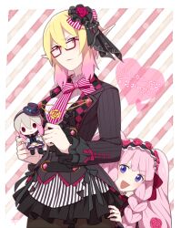 2girls :d aurora_(pso2) black_hairband black_skirt blonde_hair blue_eyes blush bow bowtie braid braided_sidelocks breasts character_doll commentary_request cowboy_shot doll euclita_(pso2) fascinator flower flower_hairband frilled_hairband frilled_sleeves frills glasses gradient_hair hair_between_eyes hair_flower hair_ornament hairband hand_on_another's_leg heart holding holding_doll jacket kanade_(unchi_knd280) long_hair long_pointy_ears long_sleeves looking_at_viewer multicolored_hair multiple_girls newman open_clothes open_jacket open_mouth original pantyhose phantasy_star phantasy_star_online_2 pink_bow pink_bowtie pink_hair pointy_ears purple_jacket red-framed_eyewear red_eyes shirt short_hair sidelocks skirt smile striped_background striped_bow striped_bowtie striped_clothes translation_request twintails two-tone_hair valentine white_shirt 