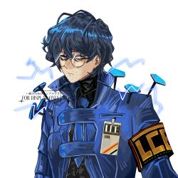  1boy absurdres aedd_(e.g.o) armband bags_under_eyes black_shirt blue_coat blue_hair blue_necktie chinese_commentary closed_mouth coat collared_shirt commentary_request e.g.o_(project_moon) electricity expressionless facial_hair glasses grey_eyes highres hohenheim_(project_moon) id_card lightning limbus_company long_sleeves looking_at_viewer male_focus messy_hair nail_(hardware) necktie project_moon round_eyewear shirt short_hair simple_background solo stubble turtleneck turtleneck_shirt upper_body watermark white_background wopashuiaaa 