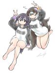  2girls african_penguin_(kemono_friends) black_eyes black_hair cherushi_2 highres hood hoodie humboldt_penguin_(kemono_friends) kemono_friends kemono_friends_v_project long_hair looking_at_viewer multicolored_hair multiple_girls one_eye_closed penguin_girl penguin_tail pink_hair simple_background tail two-tone_hair v virtual_youtuber white_hair 