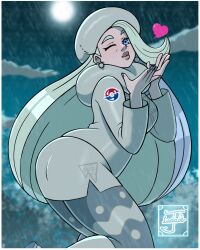  1girl ass blowing_kiss blue_eyes breasts earrings fur_collar fur_hat hat heart highres jayladair jewelry long_hair long_sleeves mature_female melony_(pokemon) pantyhose pantyhose_under_shorts pearl_earrings pokemon pokemon_swsh shorts side_slit side_slit_shorts smile solo sweater ushanka white_hat white_sweater 