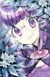  1girl blunt_bangs bob_cut glasses low_neckline neck_pillow pokemon pokemon_bw purple_hair rimless_eyewear round_eyewear shauntal_(pokemon) short_hair smile violet_eyes yamanashi_taiki 