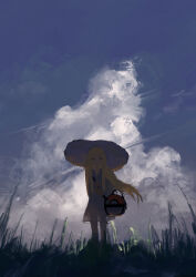  1girl absurdres bag blonde_hair blue_sky cchan_tuka clouds commentary dress grass half-closed_eyes hat highres lillie_(pokemon) long_hair outdoors pokemon pokemon_sm shadow shoulder_bag sky solo sun_hat tall_grass untranslatable_commentary white_dress white_hat 